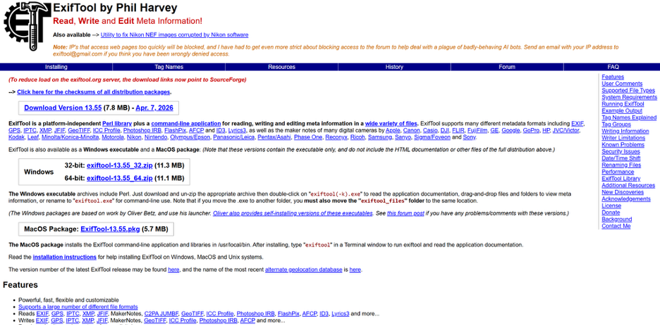 ExifTool website interface