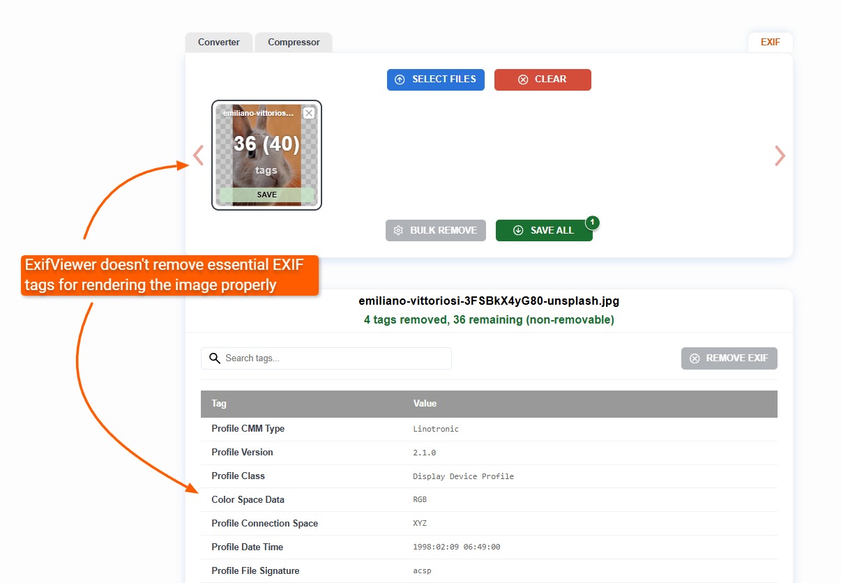 Essential EXIF tags preserved after metadata removal