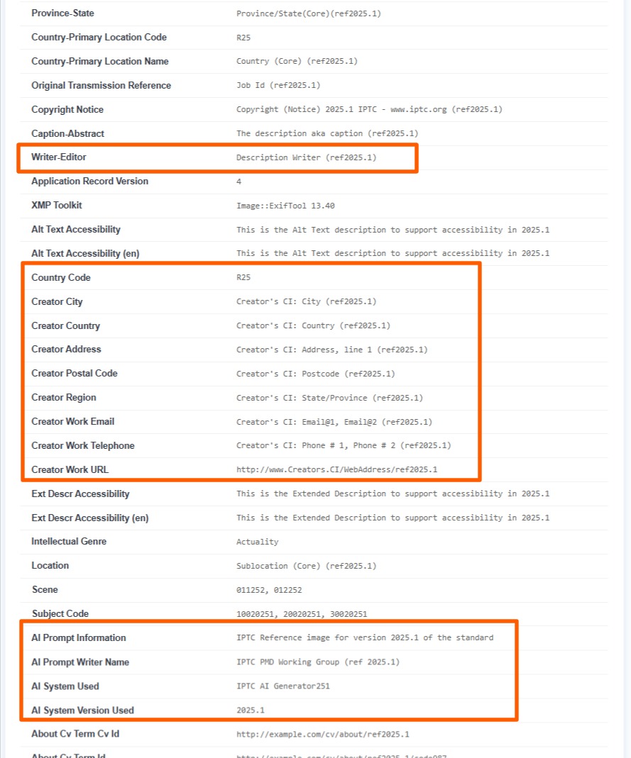 IPTC demo metadata showing extensive personal data fields including creator info and AI tags