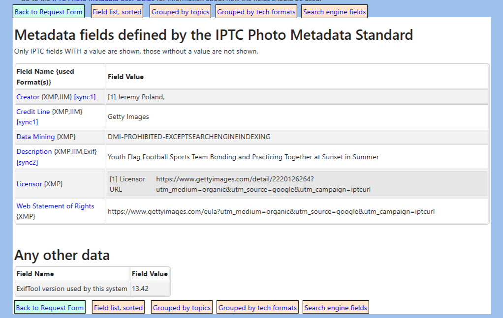 IPTC metadata from a stock photography image showing copyright and licensing fields