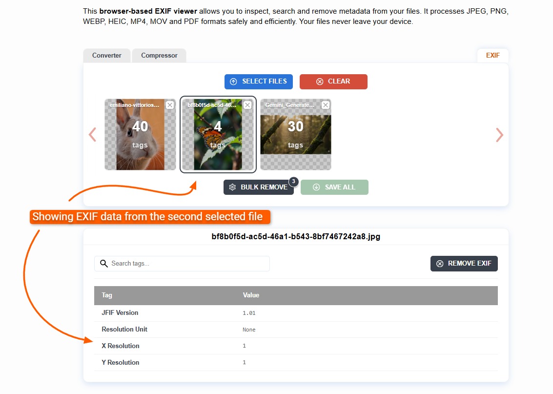 Detailed EXIF metadata tags displayed in a table